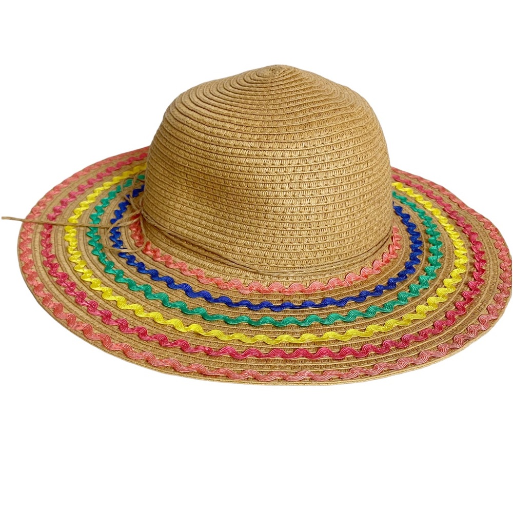 Target paper straw sun hat rainbow rick rack trim wide brim 21.5” inside